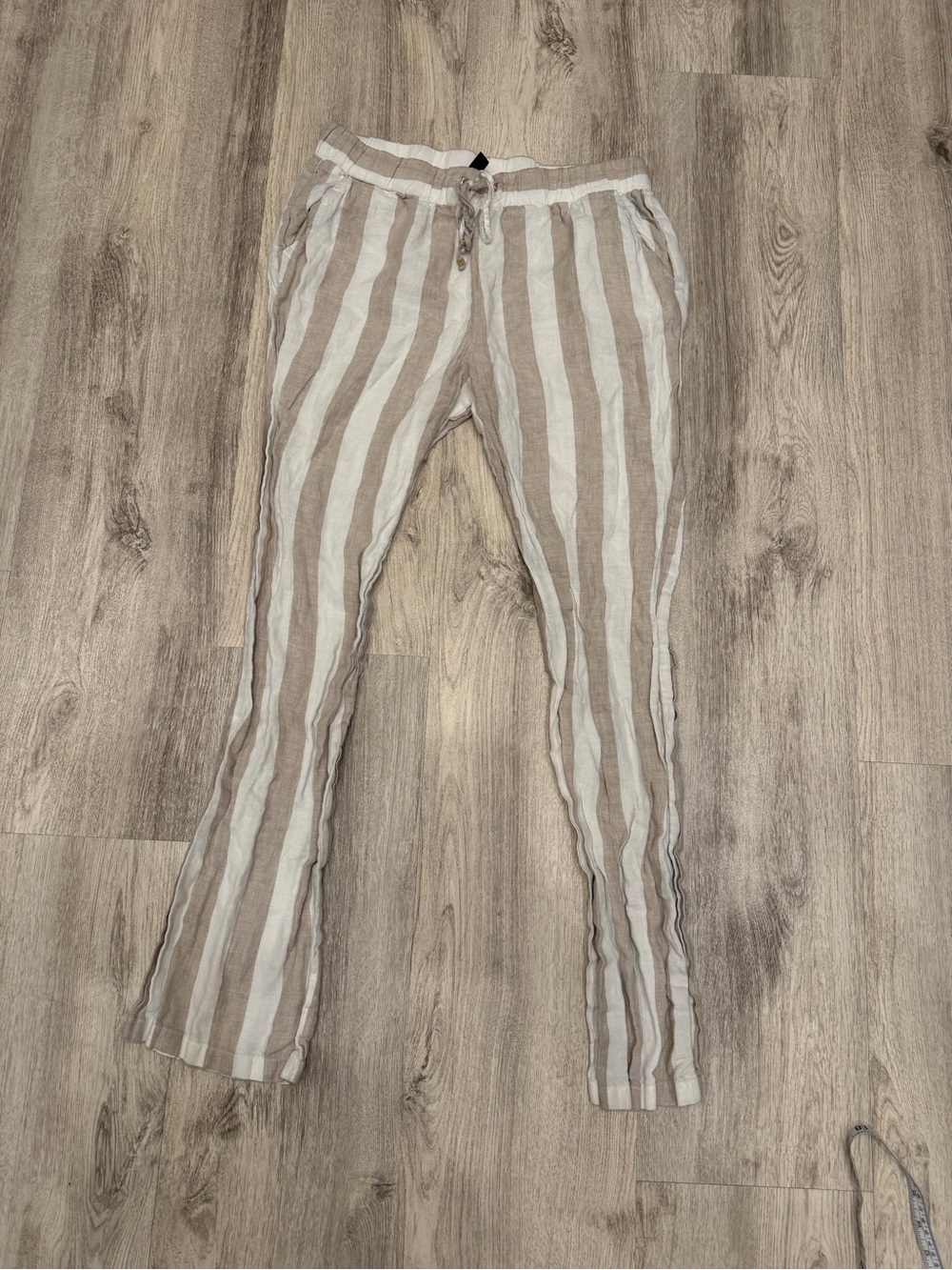 Ellen Tracy Medium 100% Linen Striped Wide Leg Pants Coastal Neutral